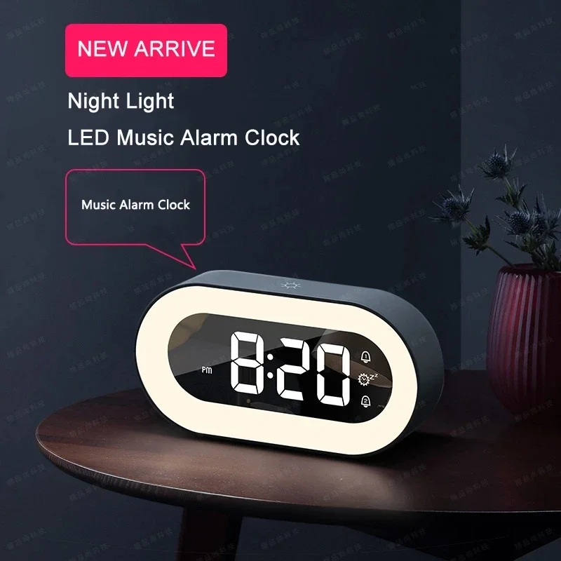 Digital Luminous Alarm Clock Music Dual Alarm Stepless Dimming Desktop Clock USB Charging Night Light Student Mute LED Clocks