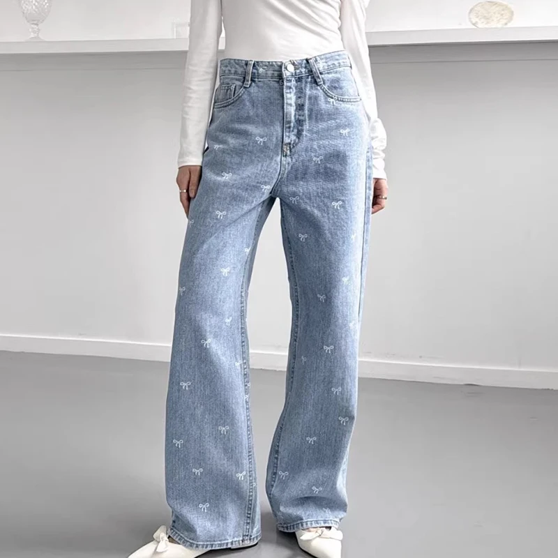 

Spring High Waist Wide Leg Straight Cut Denim Jeans Women's Chic Knot Decorated Slimming Versatile Casual Trousers