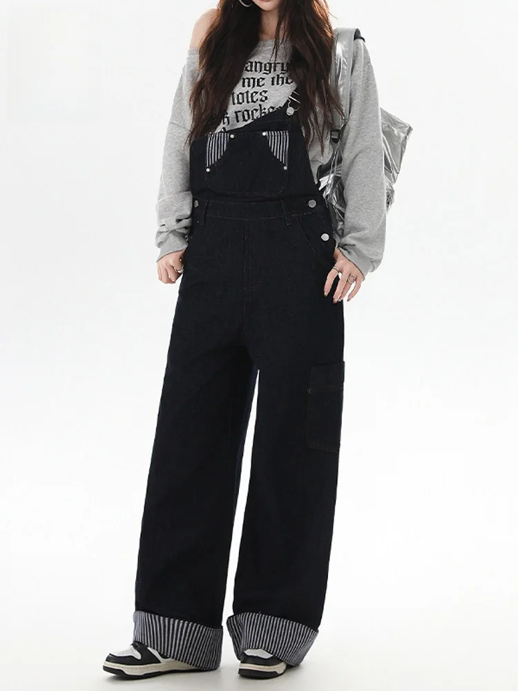 

Non-Fading Denim Overalls Women's Autumn New Sle Chic Straight Leg Jeans Overalls with kets Long Pants Loose Fit