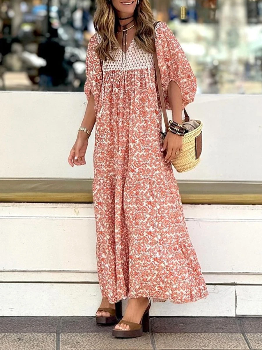 

Women Floral Print Long Dress Summer Bohemian Bubble Sleeve Loose Beach Maxi Dress Holiday Party Sundress