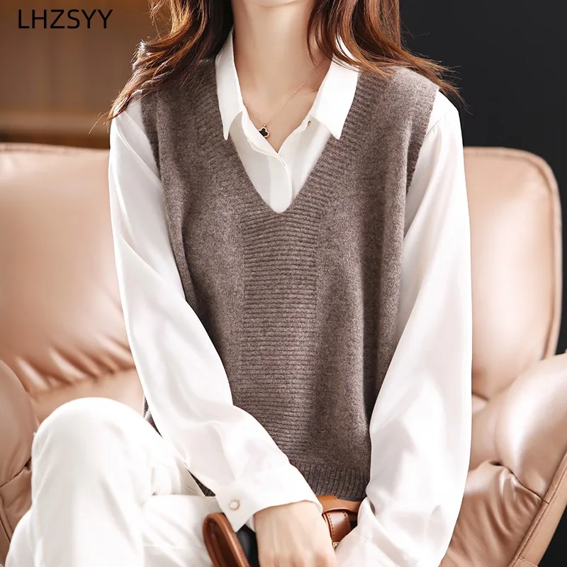 LHZSYY Fashion knitted Waistcoat Ladies 100%Pure Wool Vest 2023 Autumn Winter New Sleeveless Sweater V-Neck Loose Blouse Jacket