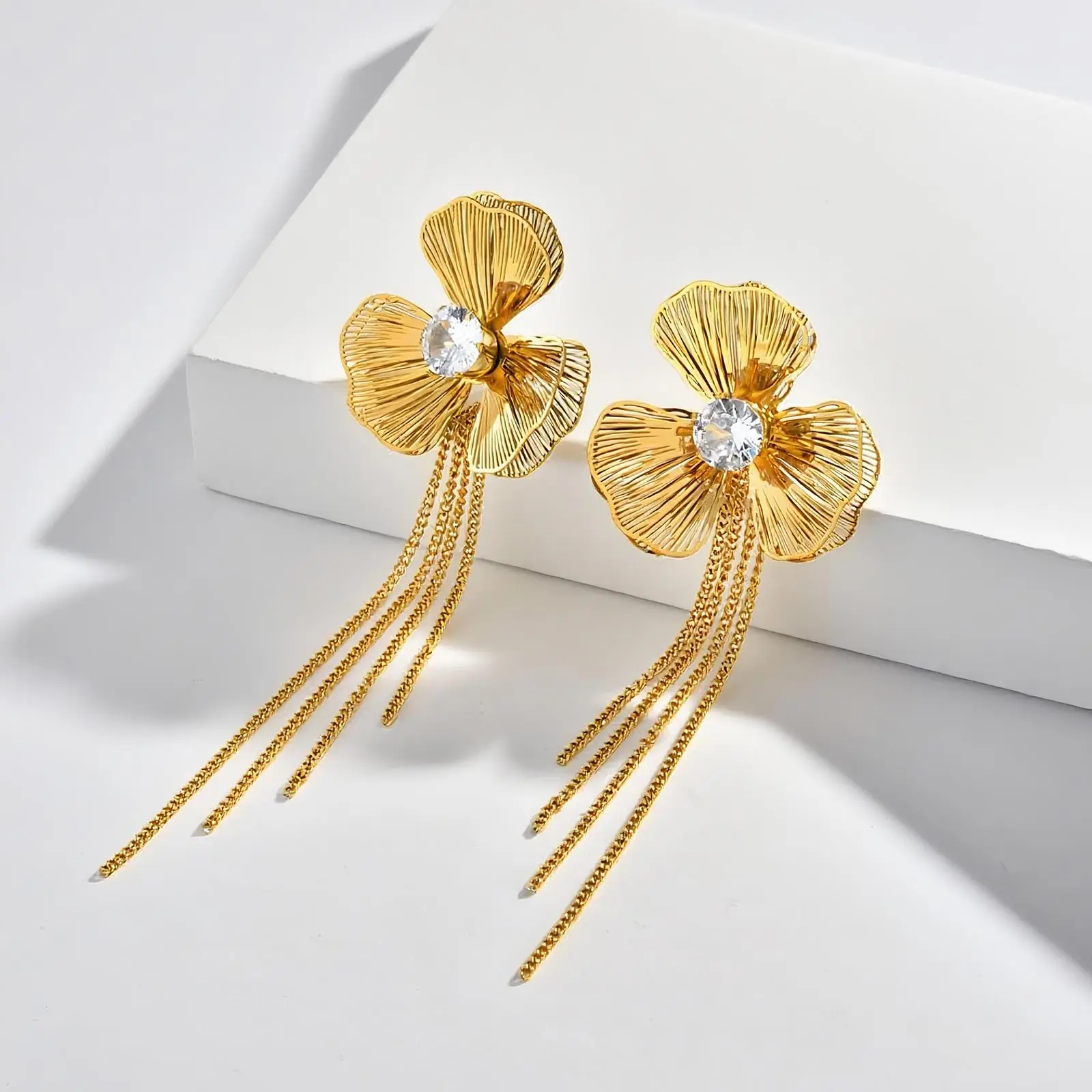 

Large Flower Crystal Stud Earrings for Women Girls,Korean Style Long Tassel Earrings with Zircon,Stainless Steel Jewelry Gift