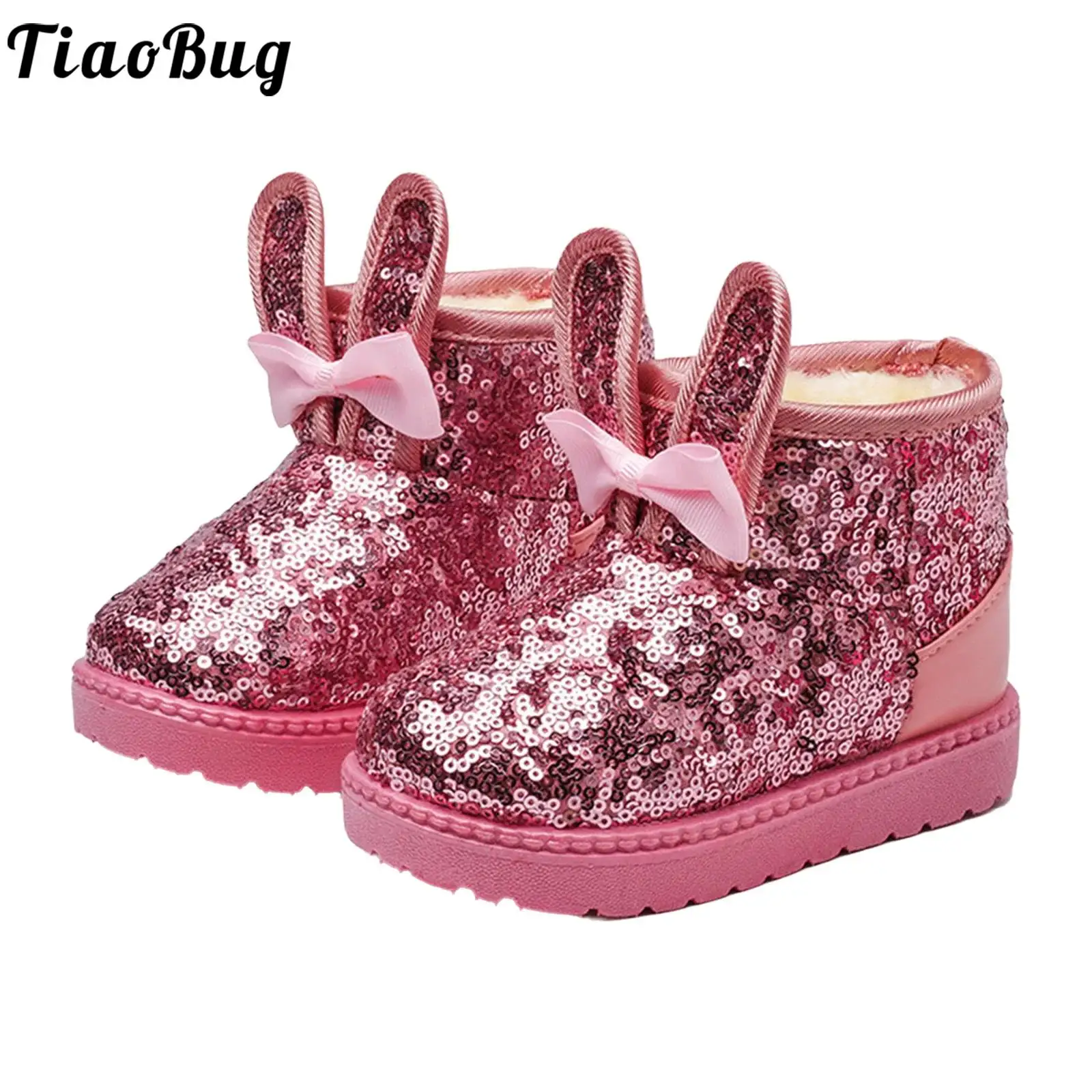 

Toddler Baby Girls Winter Warm Fleece-Lined Snow Boots Outdoor Non-Slip Soles Cute Bow Rabbit Ears Glitter Sequin Booties Shoes