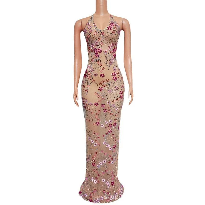 

Deep V Sexy Halter Flower Hot Diamond Dress Beach Party Vacation Dating Banquet Red Carpet Birthday Dress Luxury Evening Gowns