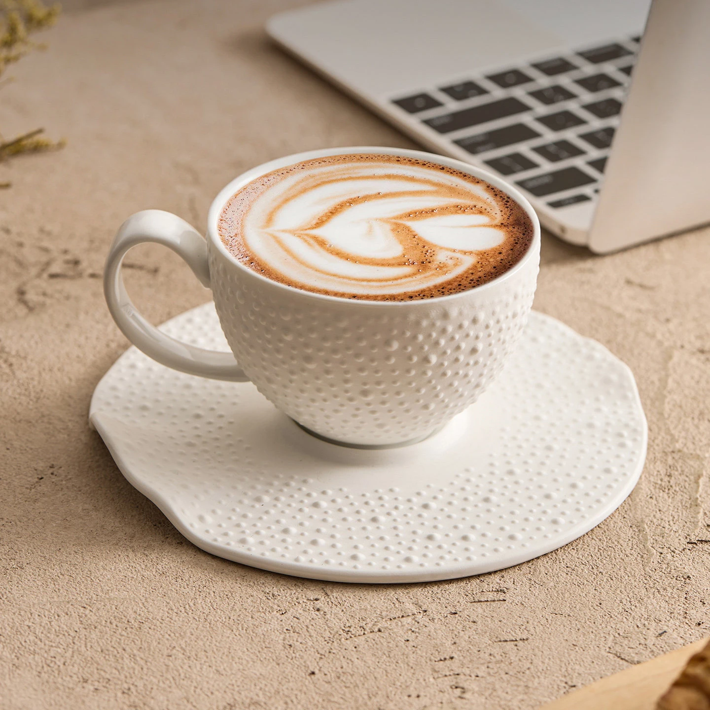 Matte Ceramic Coffee Cup and Saucer Set Texture White Dot Latte Art Tableware Simple Ceramic Tea Cups Set for Home Cafe