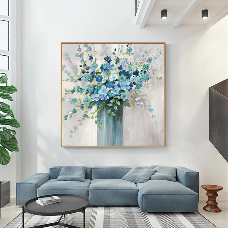 

Ваза с голубыми цветами, искусство, картина маслом, искусство на холсте, Настенная картина для гостиной, кухни, спальни, домашний декор, наборы