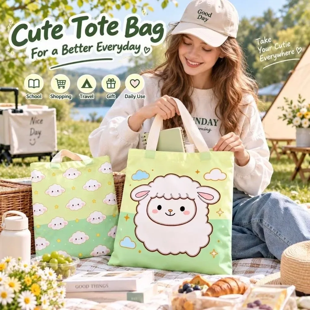 New Cartoon Sheep Cartoon Tote Bag Double Sided Print Polyester Cotton Canvas Shoulder Bag Reusable Shopping Bag Casual Outing