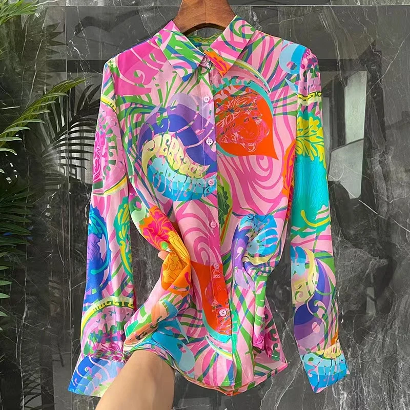 Silk Women\'s Shirt Loose Satin Printed Vintage Blouses Polo Neck Elegant Clothing Spring/Summer Fashion Full Tops