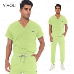 Fluorescent Green Nurse Surgical Uniforms Unisex Scrubs Set Medical Clinical Scrubs Top Pants Beauty Salon Workwear Nursing Suit