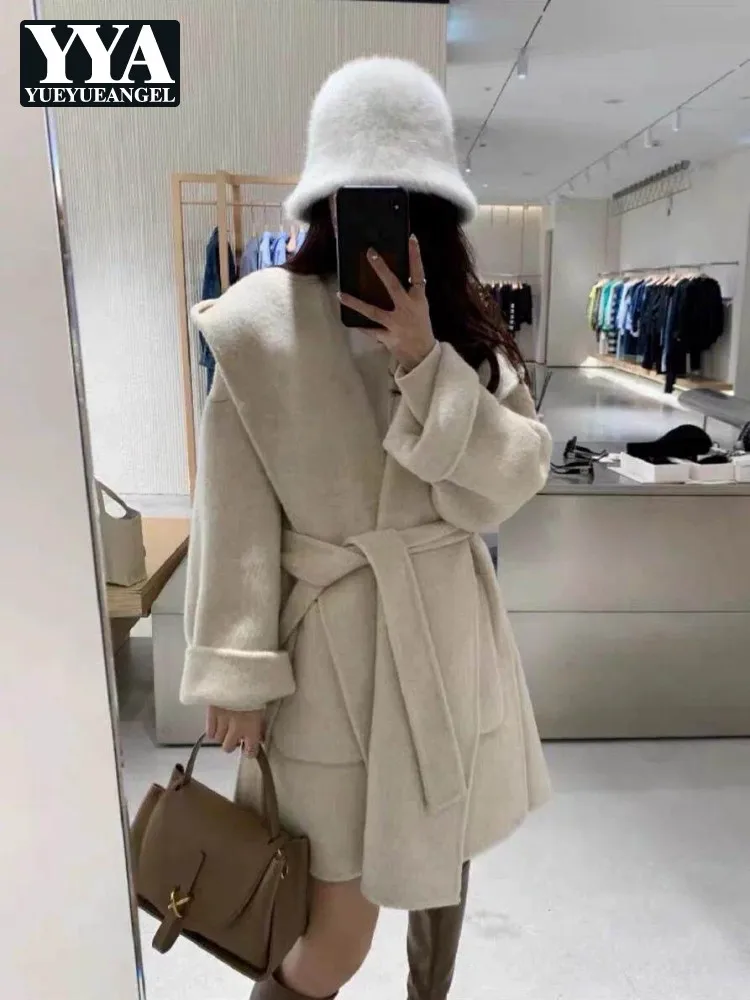 

Осень-зима женские свободные пальто из чистой шерсти с поясом двустороннее шерстяное пальто с капюшоном из натурального овечьего меха один размер однотонная верхняя одежда