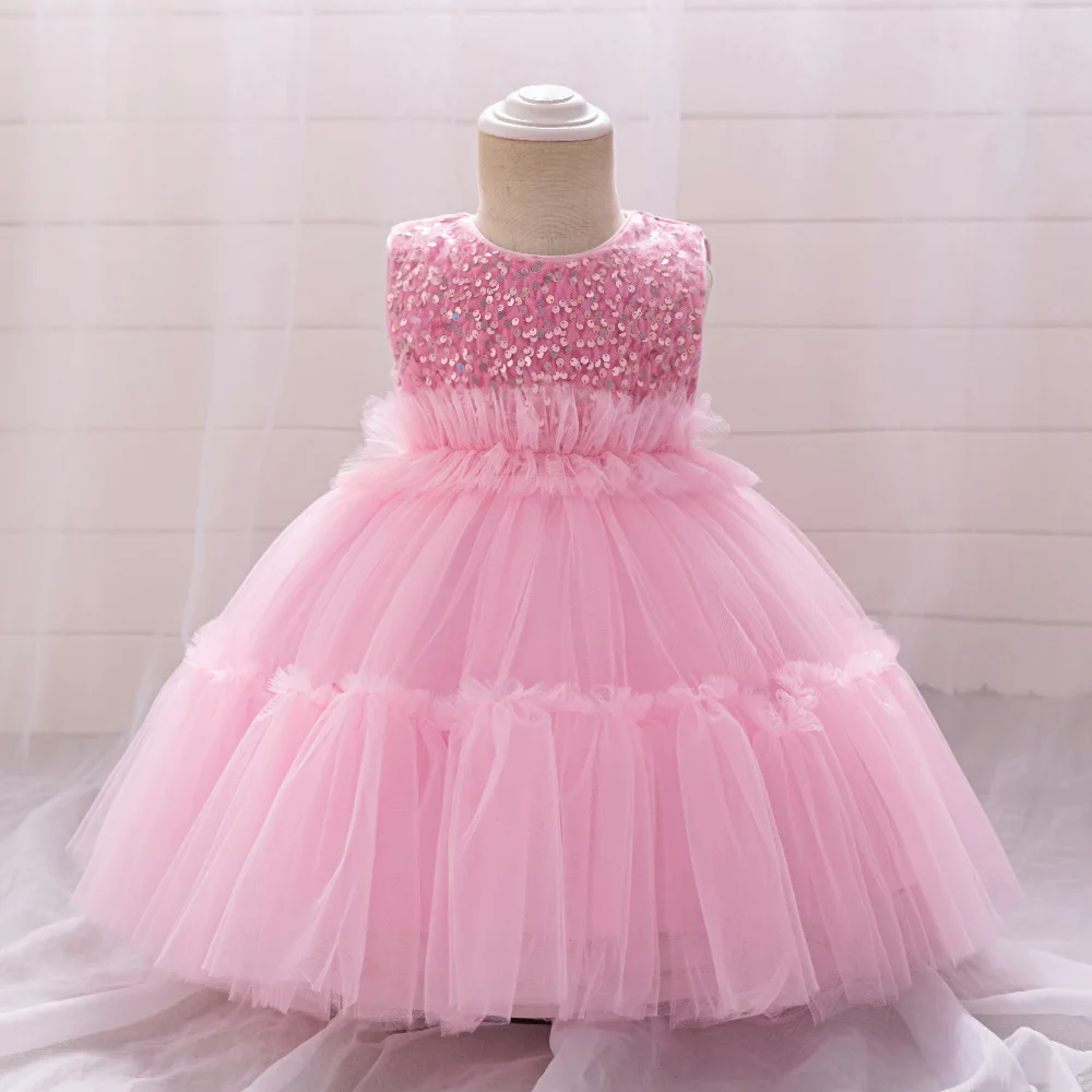 Fluffy Sequin Party Girl Dress Baby Pink Lace 1st Birthday Wedding Princess Dresses for Girl Bridemaid Prom Costume Kids Clothes