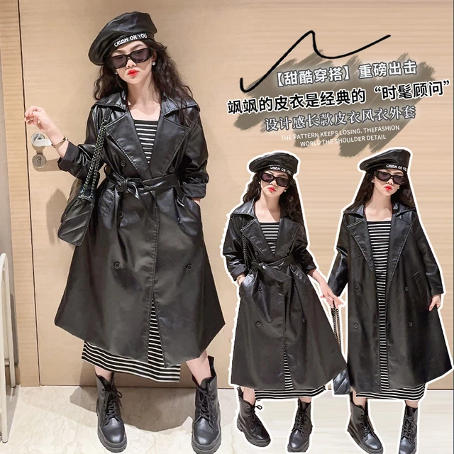 2023 Autumn Winter teen Girls PU Double breasted trench Coat 