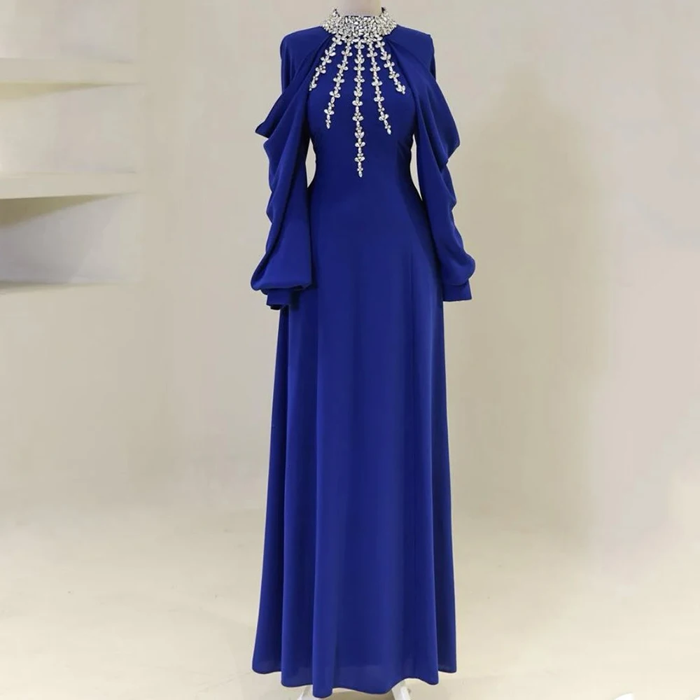 

Customized A-line Evening Dresses Floor-length High-neck Full Sleeve Prom Gown Fashion Crystal Draped Exquisite Party Gown