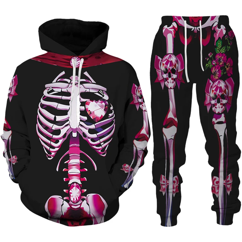 Men's Hoodies Sets Horror Skeletal 3D Print Tracksuit Set Funny Halloween Cosplay Hoodie Pants 2pcs Sets Loose Pullover Set﻿﻿﻿﻿