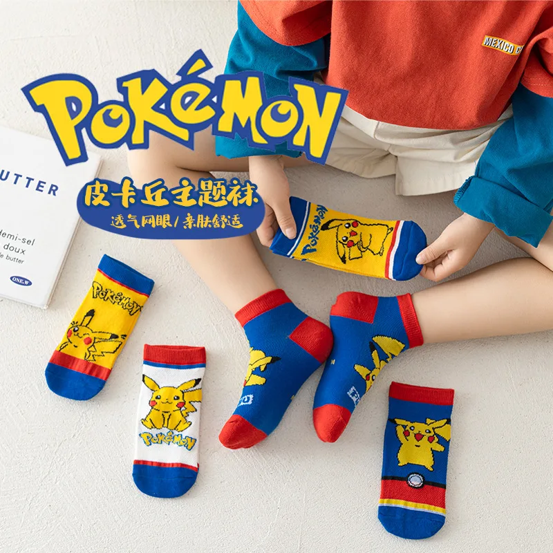 5 Pairs Pikachu Kids Socks Mesh Breathable Ice Thin Socks Summer Kawaii Cartoon Childrens Short Cotton Sock for Girl Boys