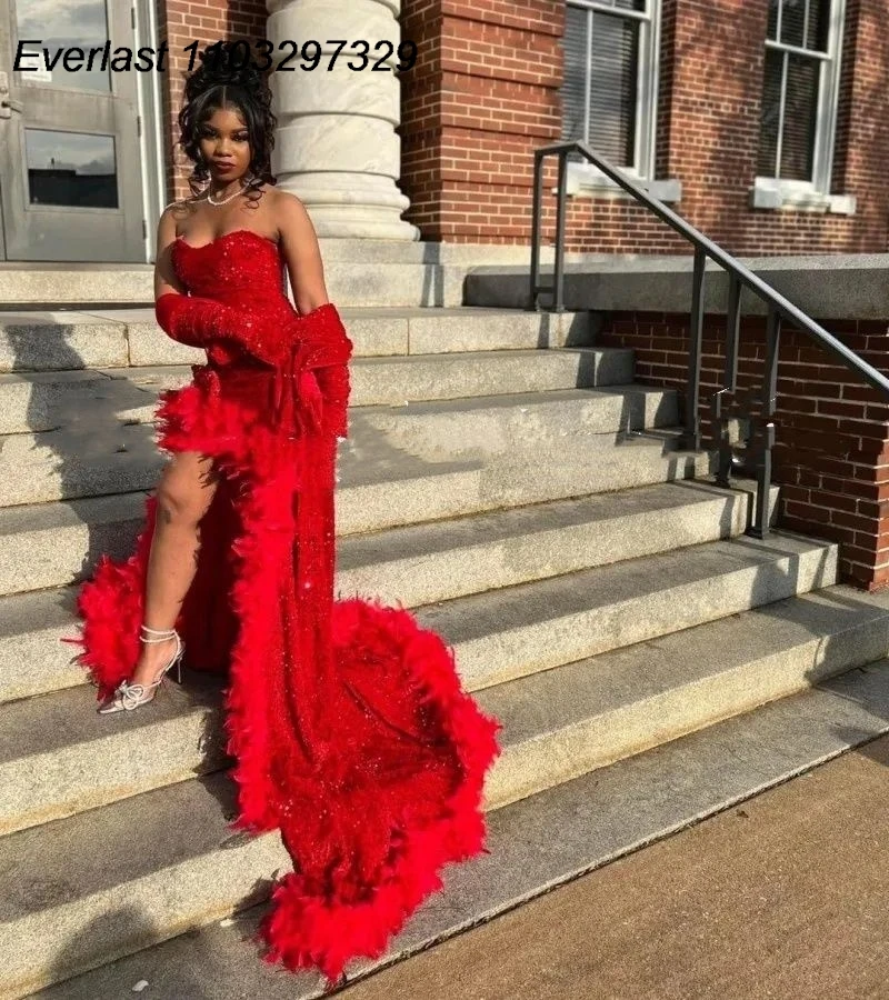 EVLAST Customized Red Mermaid Prom Dress For Black Girl 2024 Sweetheart High Split With Wrap Evening Gowns Robe De Soiree TPD40