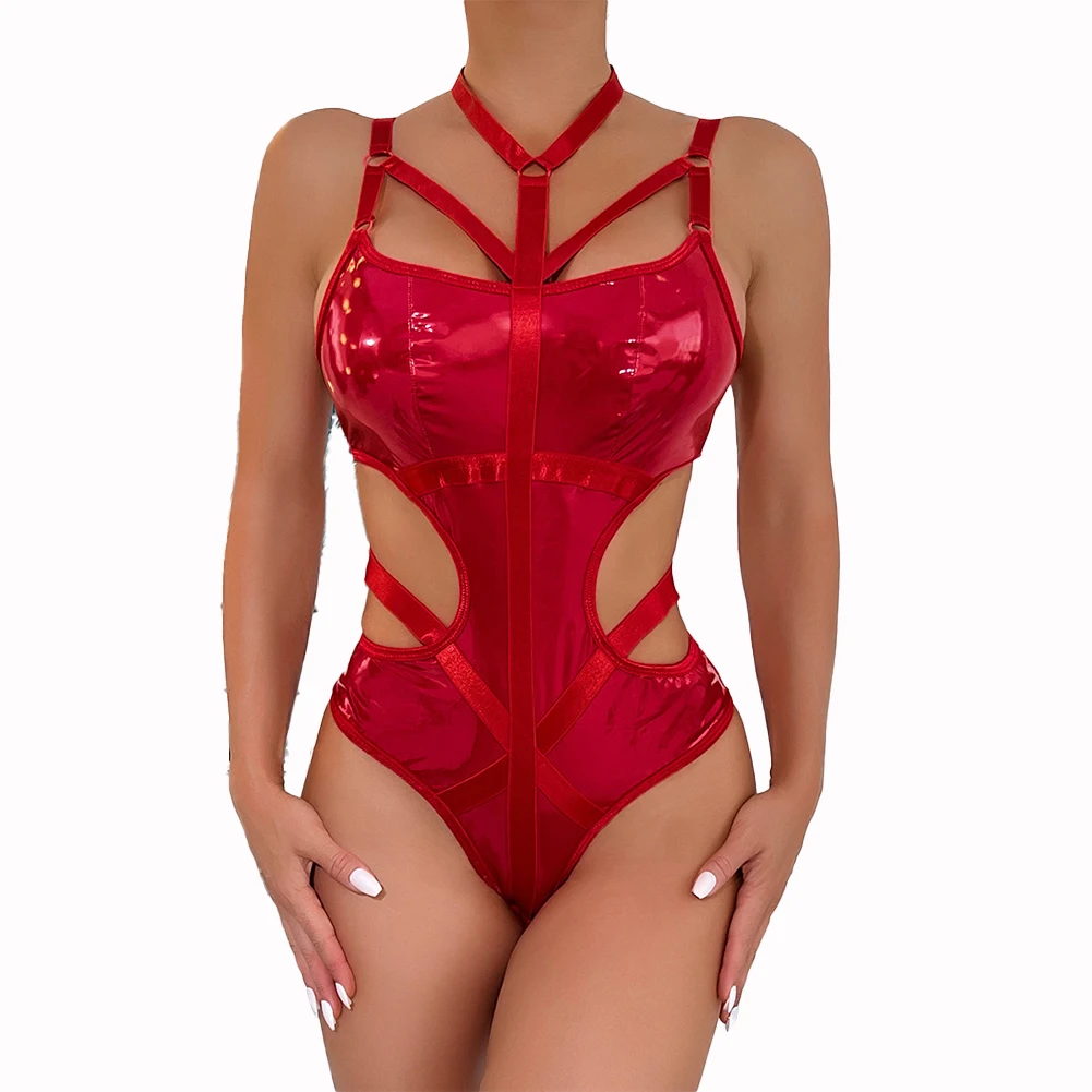 PU Leather Lingerie Women Bodysuit Club Night Sexy Slightly Stretched Solid Color Wet Look With Garter Club Wear