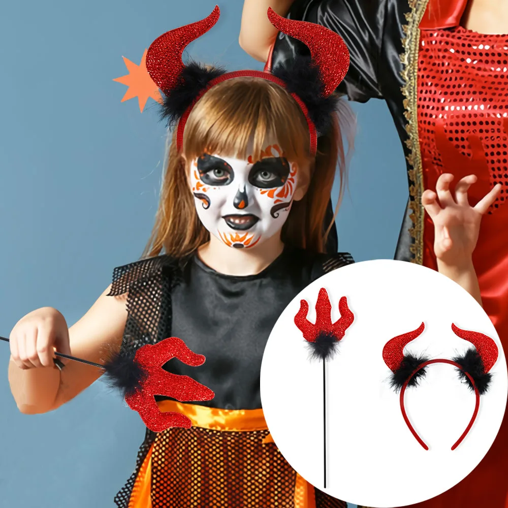 Halloween Party Decoration,Horror Demons Suit,Masquerade Performance Props for Children,Devil Horns,Trident,Photo Props