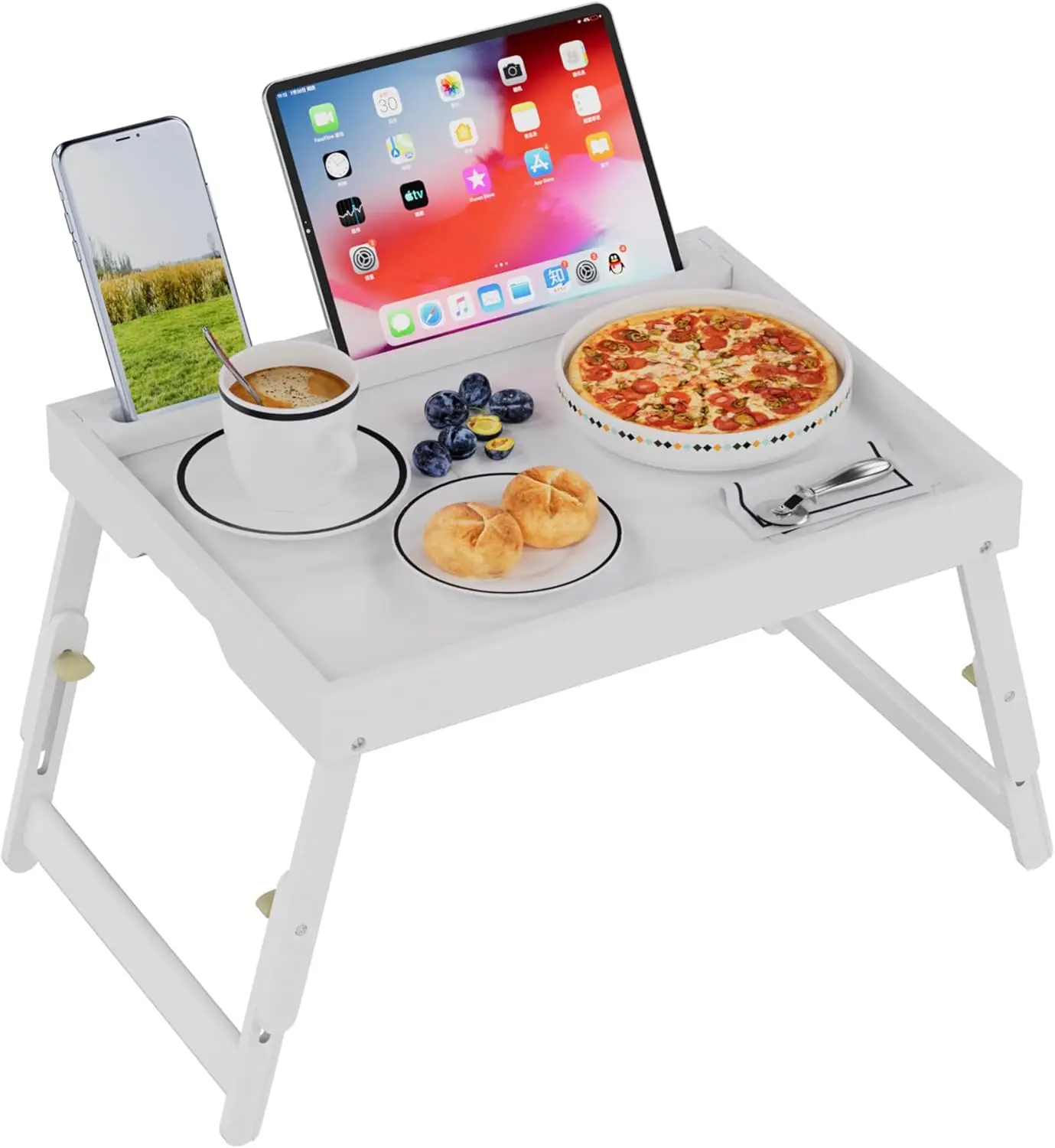 

Bed Tray Table With Folding Legs, Bamboo Breakfast Food Tray With Media Slot, Use As Platter, Laptop Desk, Snack, Tv Tray