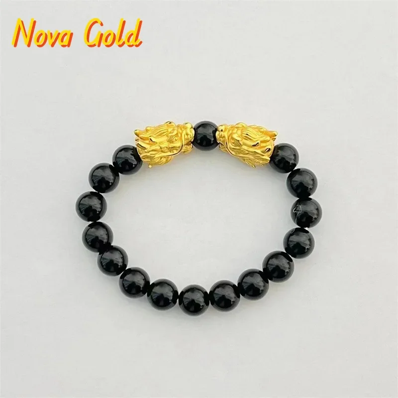 NovaGlod 24K Real Gold Jewelry Double Dragon Obsidian Bracelet Handle Beaded Zodiac Dragon Head AU 9999 Bracelet