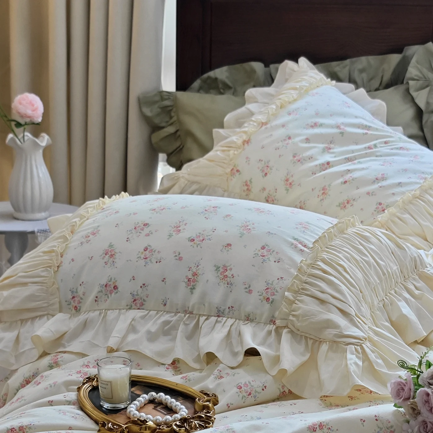 1 Piece Romantic Rose Printed Pillow Cover Handmade Wrinkle Design Pillowcase Bedding Accessories Pillow Case Cotton Cloth Soft