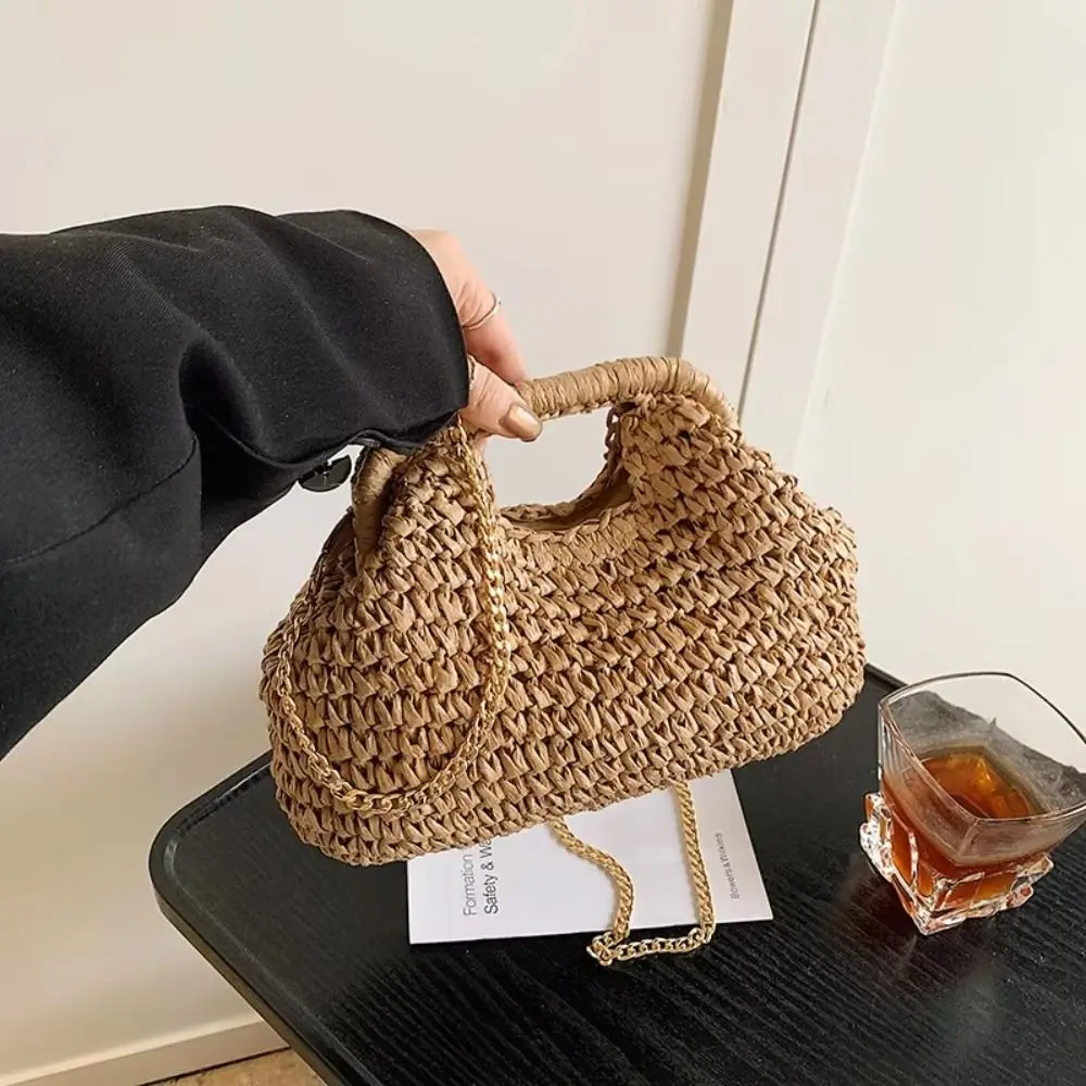 

Trendy Summer Weave Chain Straw Bag Leisure Casual Straw Shoulder Bag Boho Beach Bucket Handbag for Ladies/Girls