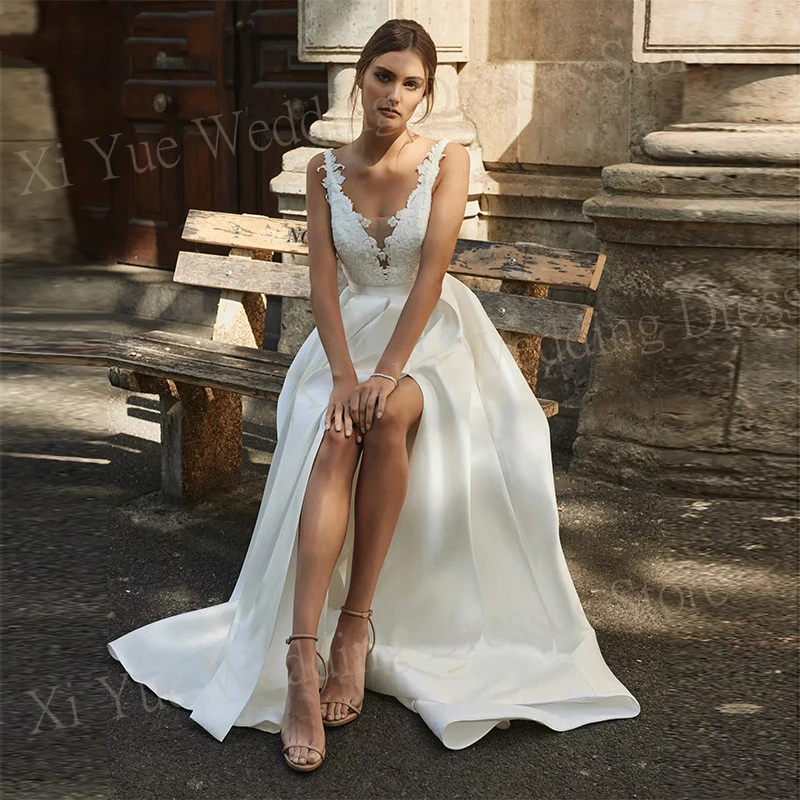 Vestidos De Novia elegantes y sencillos con cuello en V profundo, apliques De encaje encantadores, vestidos De Novia con manchas, Sexy, sin mangas, sin espalda