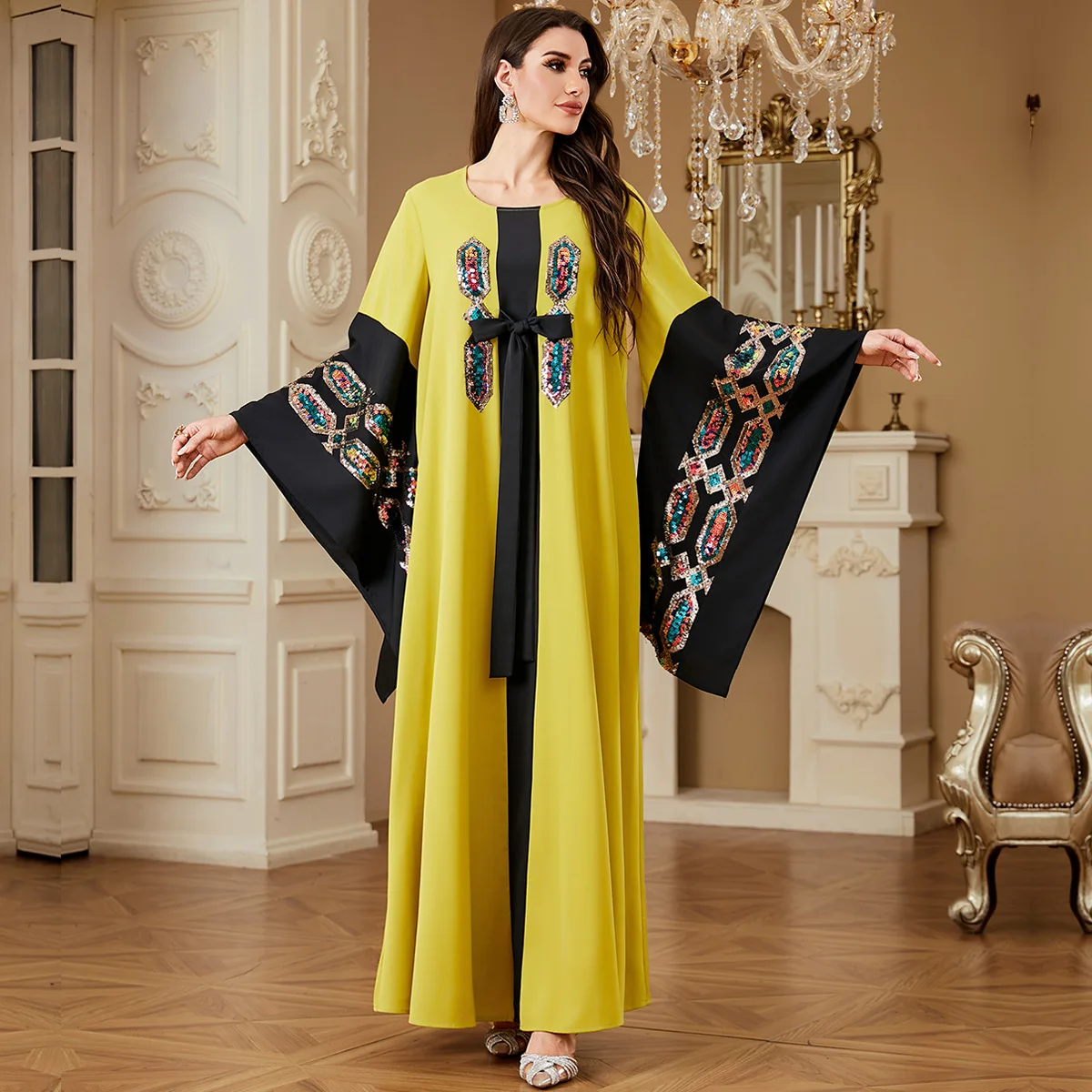 

Eid Dress Abaya Women Muslim Party Dresses Jalabiya Sequins Vestidos Lace Up Dubai Islam Arab Long Robe Ramadan Morocco Kaftan