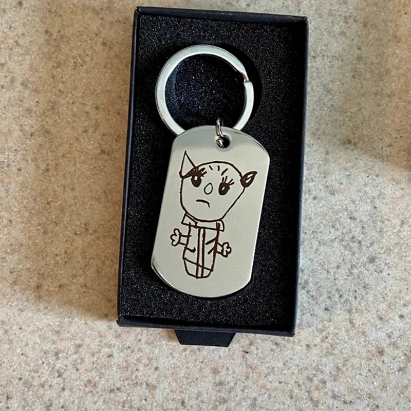 Dainty Custom Children Cartoon Drawing Cut Pendant Key Chain Stainless Steel Logo Photo Keychain Kids Memorial Gift Accessories