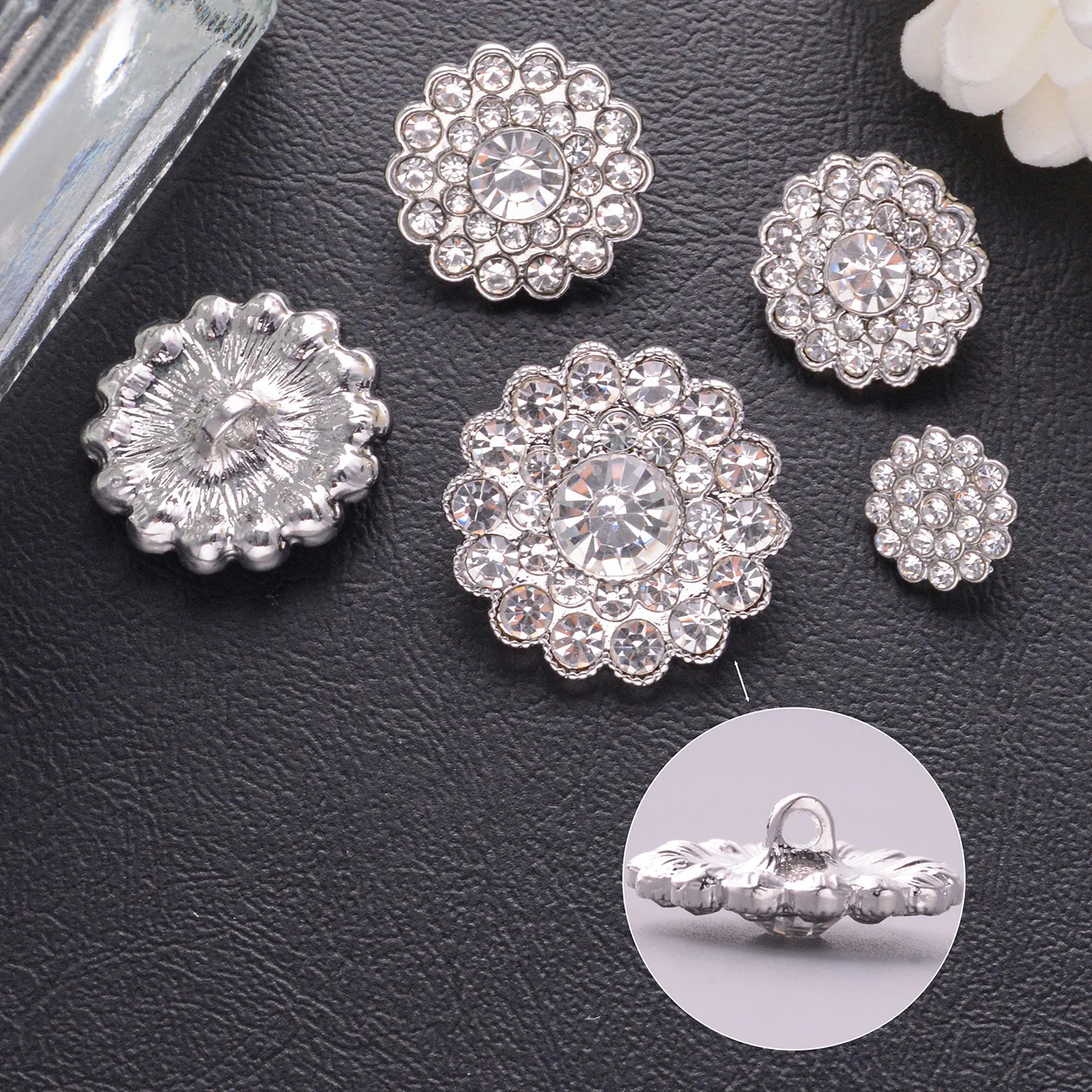 5/10pcs Clothing Accessories Sewing Buttons DIY Scrapbook Shiny Full Rhinestone Metal Flower-Shape Buttons Craft Decorative