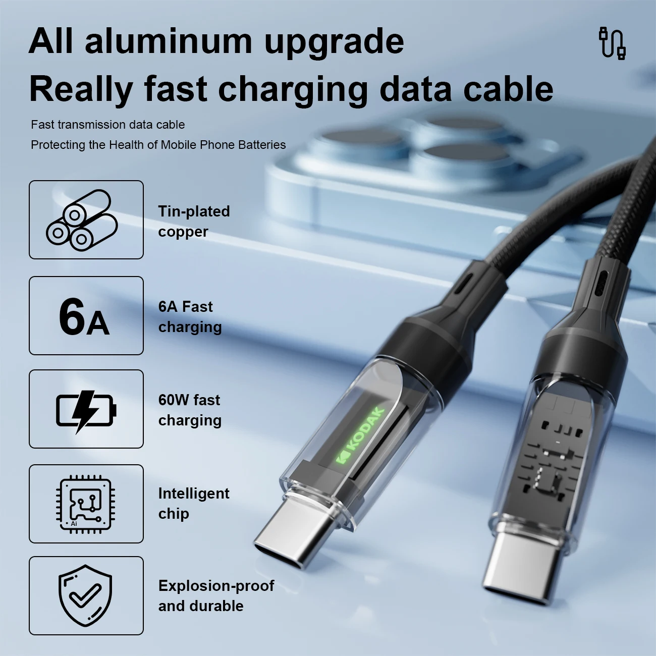 

Kodak 60 Вт PD нейлон прозрачный с подсветкой кабель для быстрой зарядки Type-C кабель для быстрой зарядки Apple Samsung Xiaomi