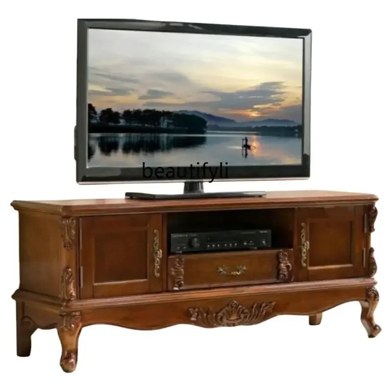 American Style Solid Wood TV Cabinet Living Room European Style High Vintage Floor Cabinet Walnut Color Storage Cabinet