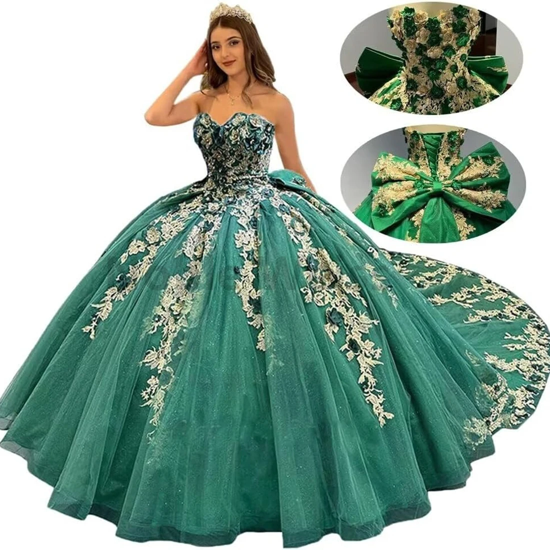 恋人キンセニエラ ドレス チュール ボール ガウン 3D 花のアップリケとリボンのカスタマイズ