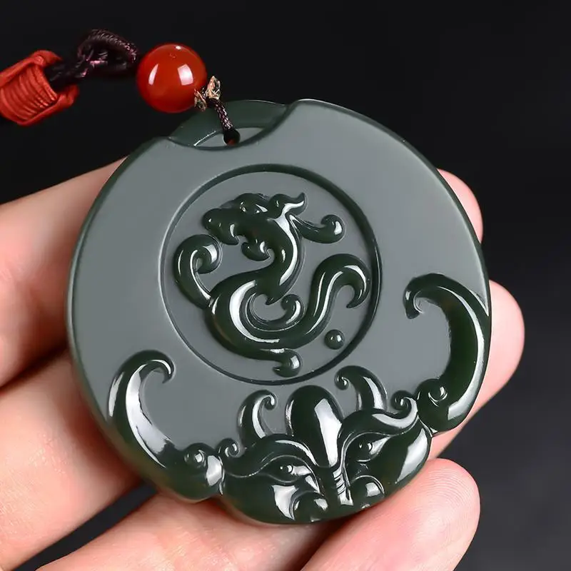 

New Natural Dragon Pendant Handmade Meticulous Carved Hetian Qingyu Exquisite Jade Stone Necklace Jewelry Fine Jewellry