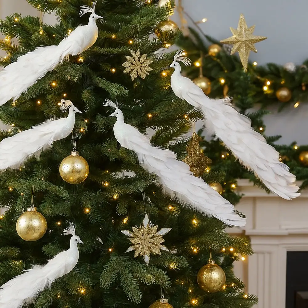 

Colorful Artificial Christmas Peafowl Glitter Feather Realistic Crafts Simulation Peacock with Clip Long Tail