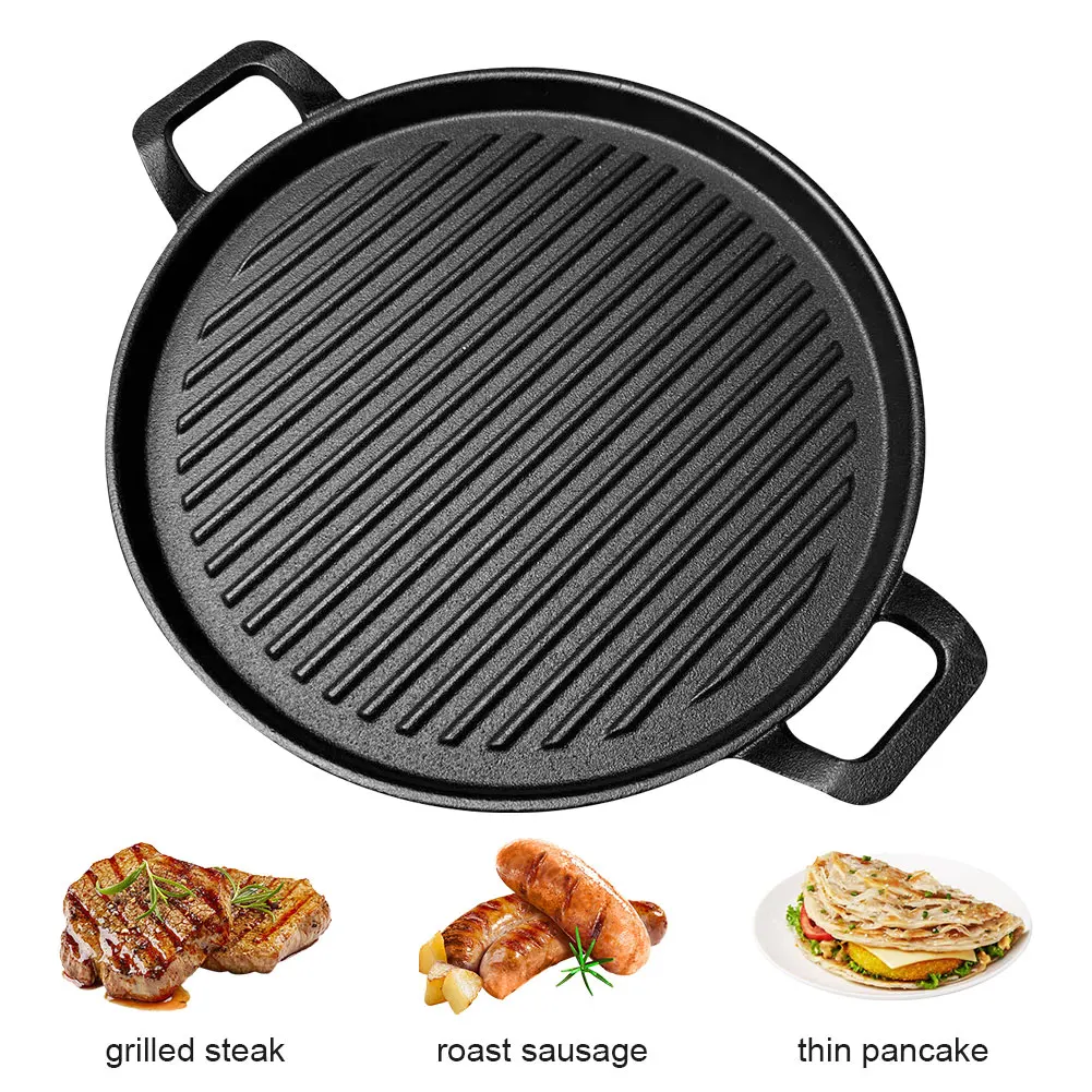 Cast Iron Grill Plate Flat & Ridged Skillet Pan with Handles Griddle Plate Multifunctional for Gas Stove Induction Cooker