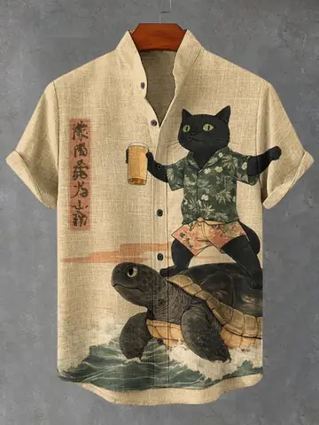 2025 new men's standing collar shirt, Japanese samurai printed cardigan button up shirt, retro linen short sleeved men's shirt