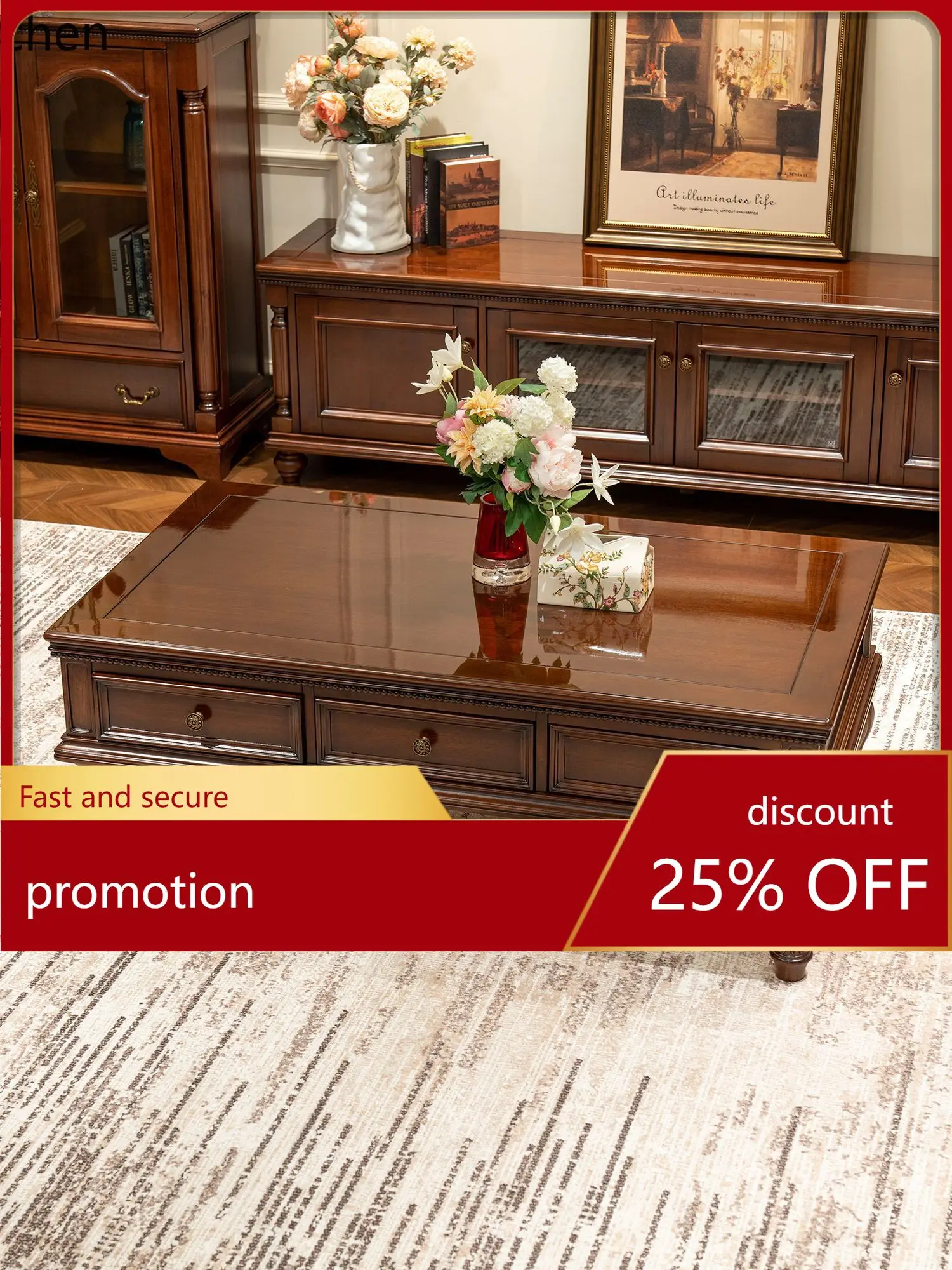 

HT Coffee Table Golden Silk Yellow Sandalwood Living Room Storage with Drawer Rectangular Coffee Table TV Cabinet Combination