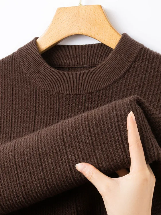

Thiened Woolen Knitted Sweater round Ne Long Sve Winter Warm Casual Faion Dad Clothes Simple Stripe Texture Design