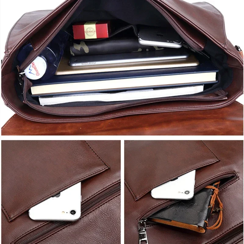 Vintage Messenger กระเป๋าผู้ชาย Crossbody กระเป๋าหนังเทียมกระเป๋าถือ Briefcases กระเป๋าแล็ปท็อปสําหรับบุรุษ Crazy Horse กระเป๋าสะพายชาย