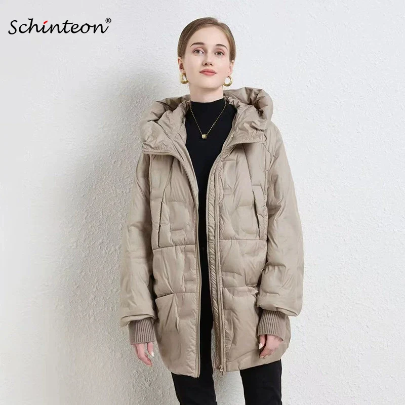 Schinteon Women White Duck Down Jacket with Hood Autumn Winter Casual Loose Over Size Outwear Warm Coat High Quality 2025 New