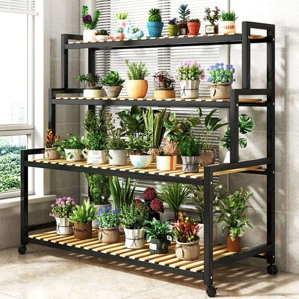 Plant Flower Rack With Wheels Mobile Floor Standing Storage Planter Shelf Floor Indoor Outdoor Detachable Adjustable Flower Rack