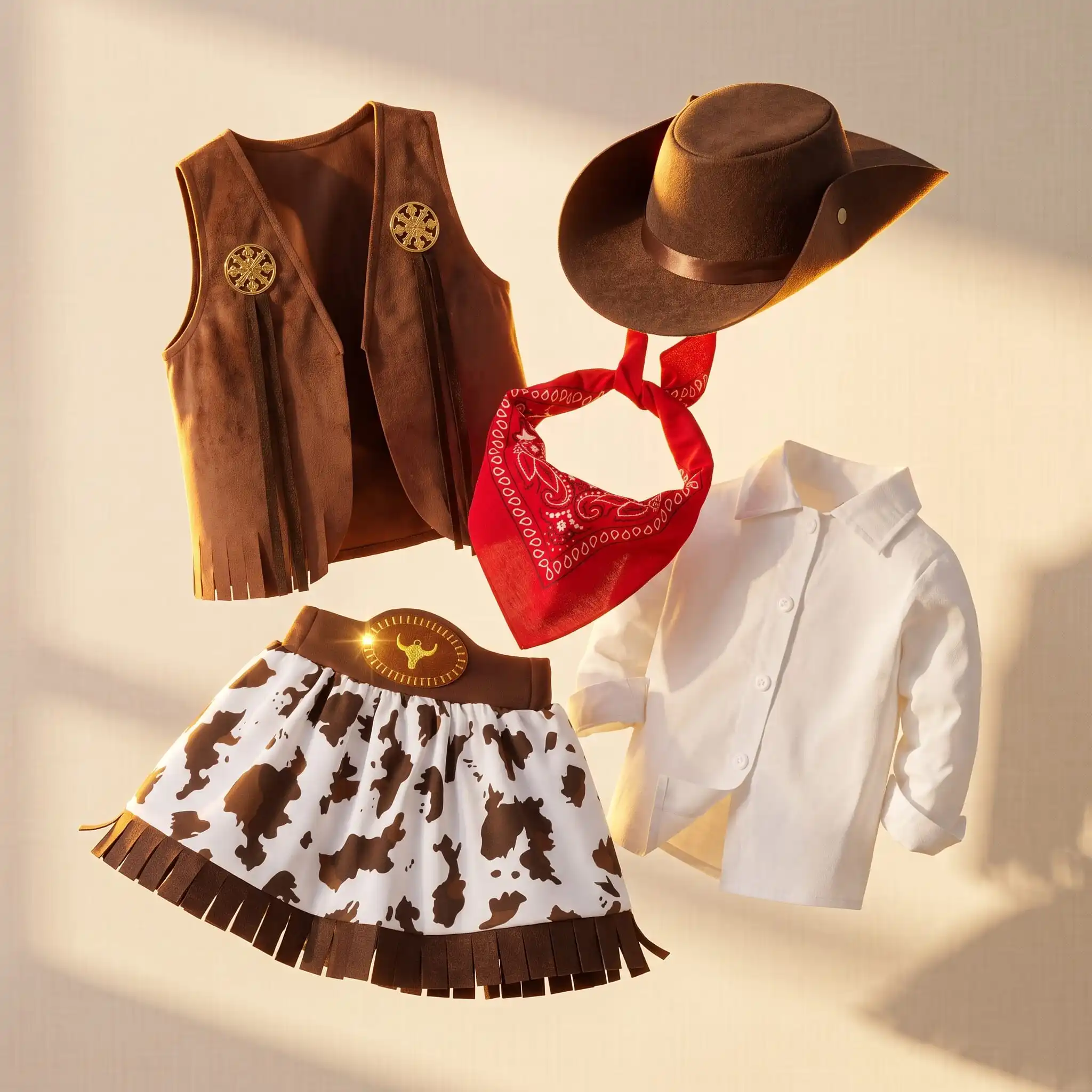 Kids Western Cowboy Costume Set Girls Cosplay Dress Up Outfit Fringe Vest and Cow Print Skirt with Hat Bandana 5 Piece