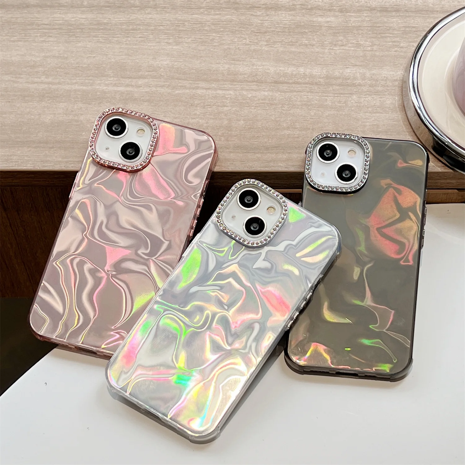 Laser Gradient Color Wrinkle Pattern Phone Case for iPhone 15 14 13 12 11 Pro Max Glitter Diamond Shockproof Plain Back Cover