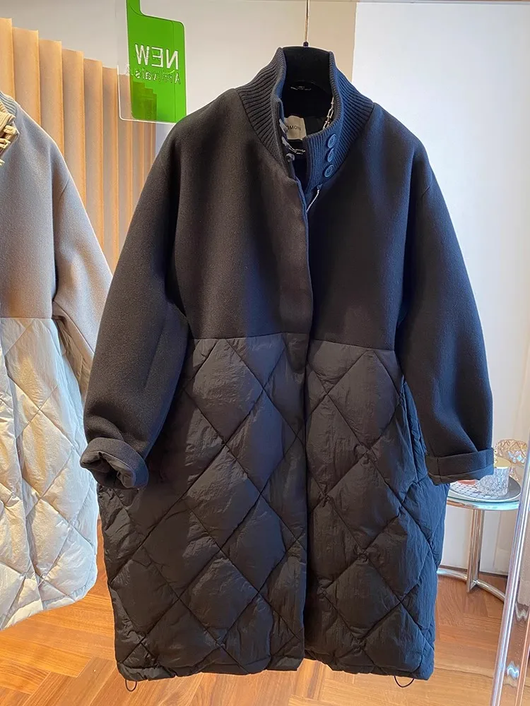 Autumn and Winter Korean Niche Stand-up Collar Zipper Woolen Cloth Stitching Rhombus Loose Cotton Coat Jacket Women