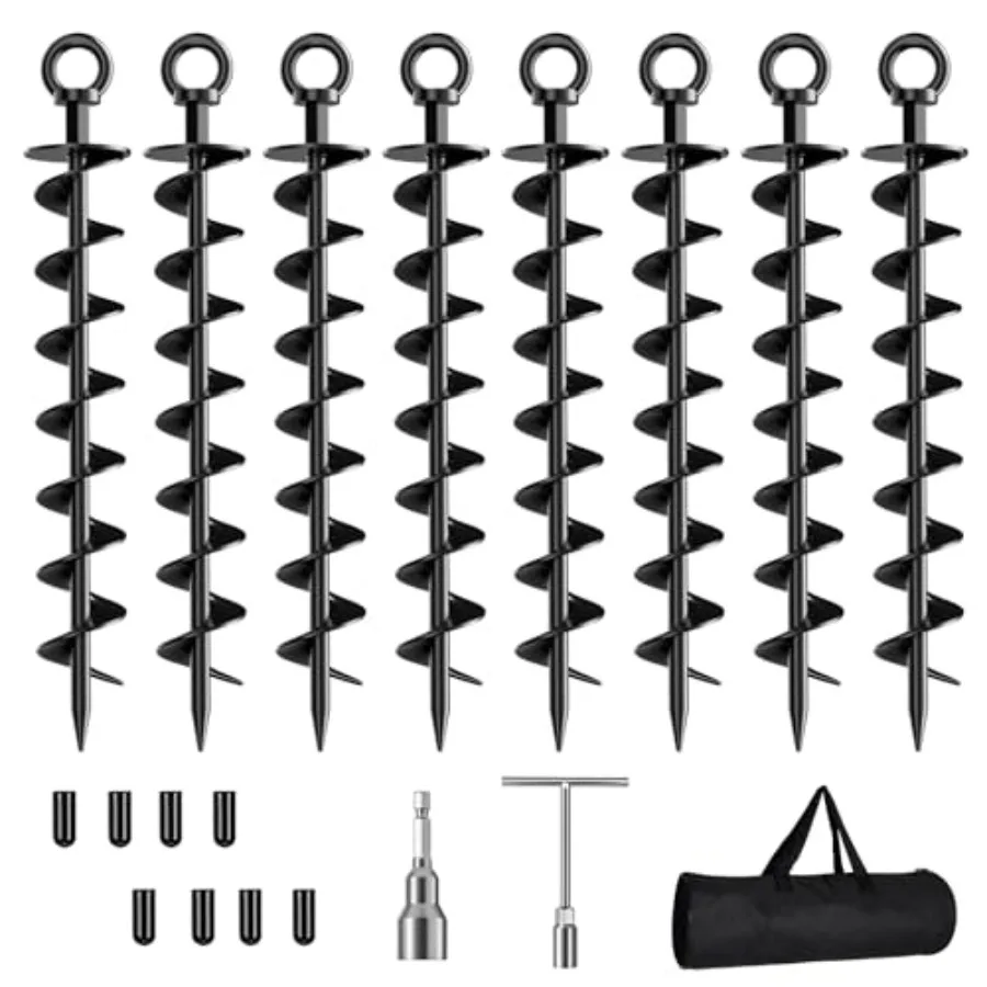 

8-Pack Spiral Ground Anchor Screws with Nut and Installation Tool for High Wind Conditions Heavy Duty Anchors Ideal for Securin