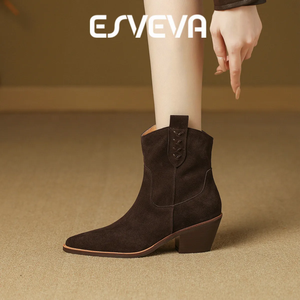 ESVEVA 2027 Fashion News Cow Suede Women Ankle Boots Leather Winter Woman Shoes High Heels Autumn Motorcycle Short Boots 34-42