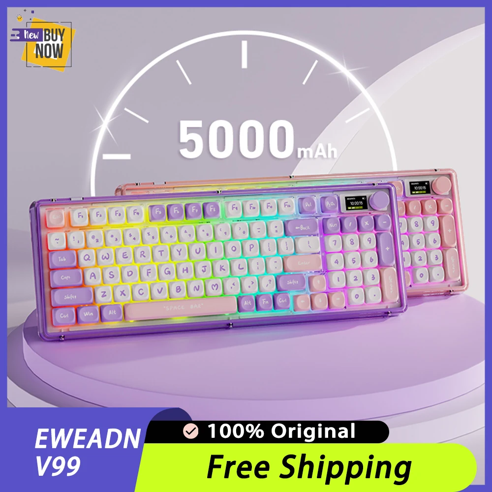 EWEADN V99 Mechanical Keyboard Wireless Bluetooth Tri Mode Dynamic RGB Game Office Transparent E-sports Customized Keyboard