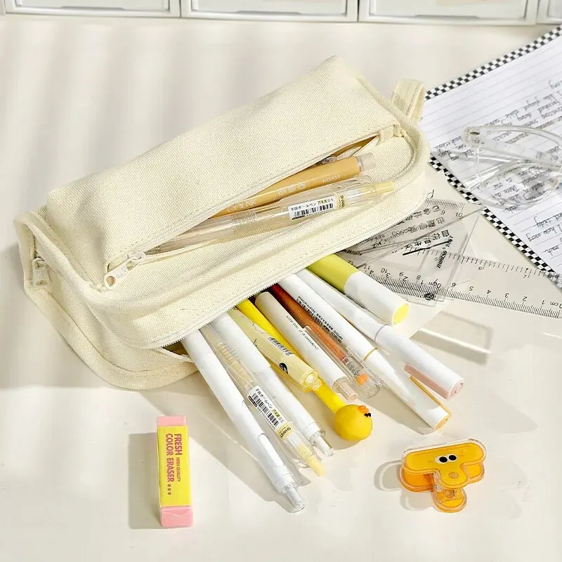 Multifunctional Canvas Pencil Bag with Large Capacity Student Pen Case That Can Stand on Desktop School Supplies