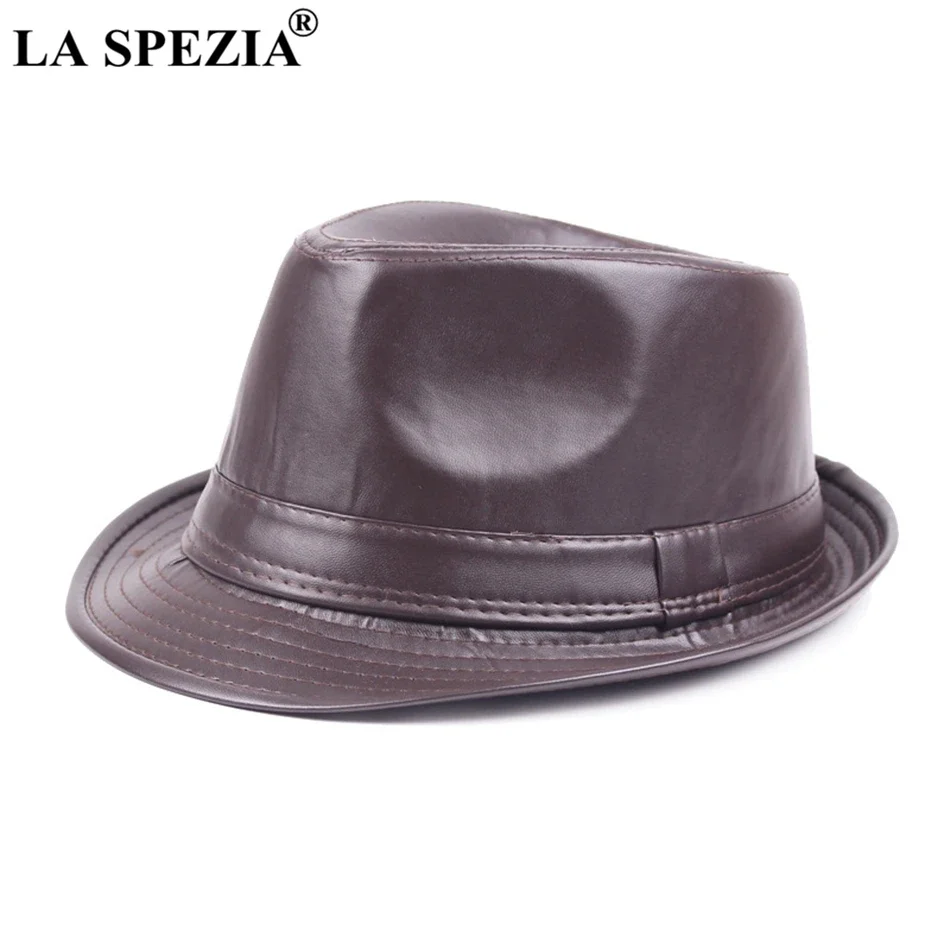 LA SPEZIA Pu Leather Fedora Hat Men Black Casual Jazz Caps Winter Vintage Trilby Hat Gentleman Classic Panama Cap Male